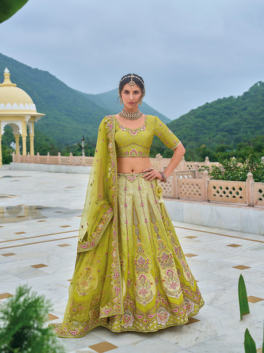 Parrot Green Silk Embroidered Sequins Wedding Lehenga Choli