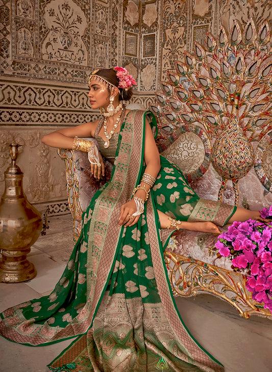 Green Georgette Weaving Work With Zar Border Work Saree