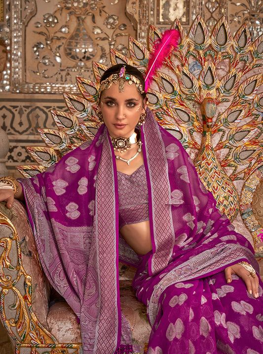 Purple Georgette Weaving Work With Zar Border Work Saree
