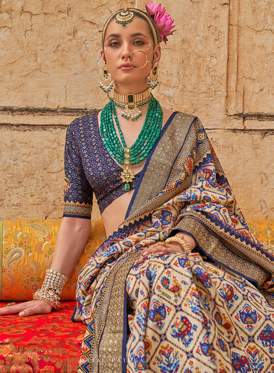 Cream Viscose Silk embelishment Of Print Work Saree