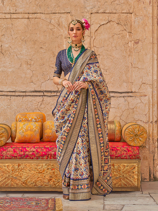 Cream Viscose Silk embelishment Of Print Work Saree