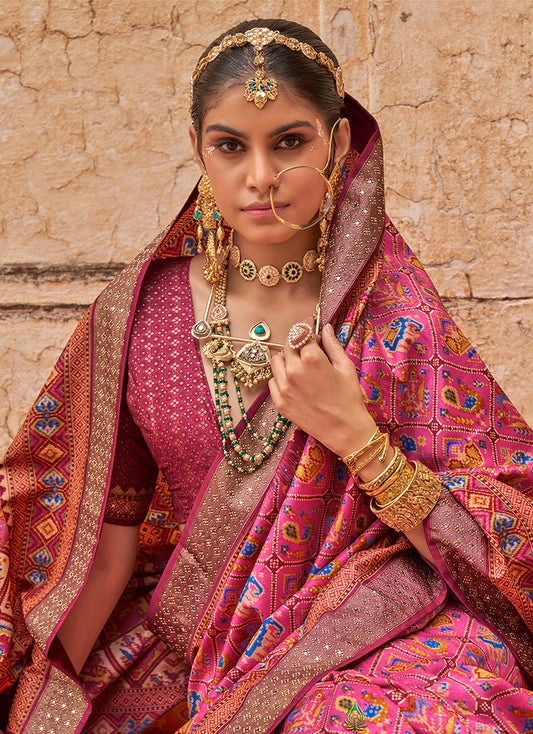 Pink Viscose Silk embelishment Of Print Work Saree