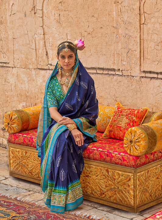 Navy Blue Viscose Silk embelishment Of Print Work Saree