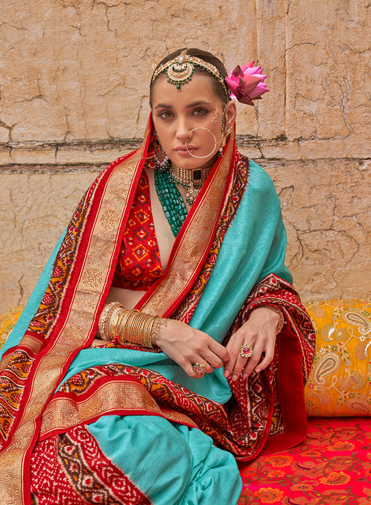 Firozi Viscose Silk embelishment Of Print Work Saree