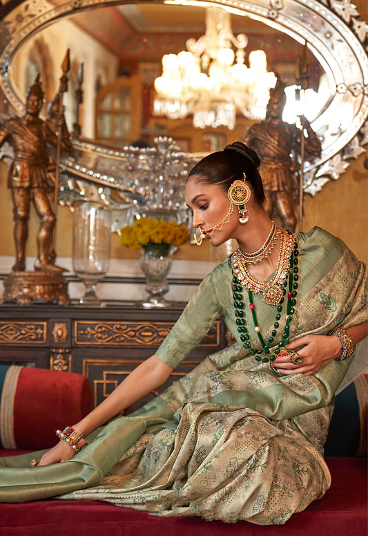 Cream And Sea Green Tussar Silk Digital Print Zari Border Saree