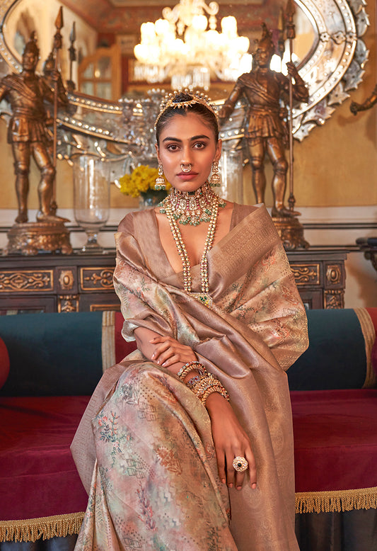 Beige And Light Brown Tussar Silk Digital Print Zari Border Saree