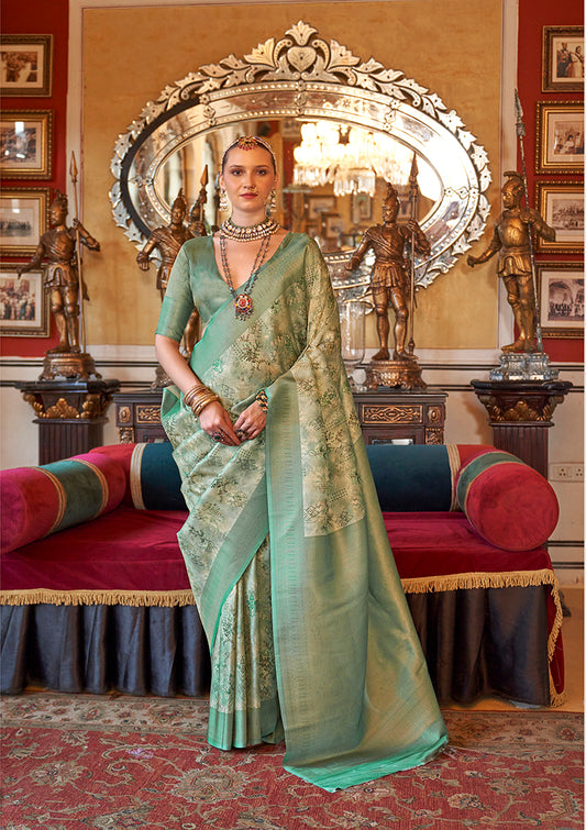 Cream And Sea Green Tussar Silk Digital Print Zari Border Saree