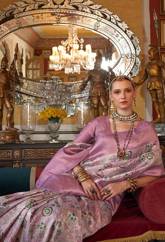 Mauve Tussar Silk Digital Print Zari Border Saree