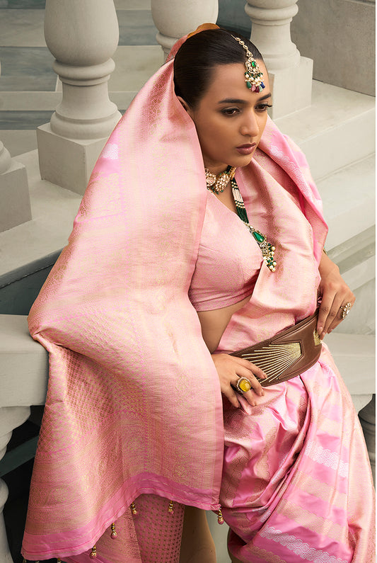 Baby Pink Viscose Silk Jaal And Weaving Work Saree