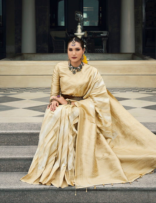 Cream Viscose Silk Jaal And Weaving Work Saree