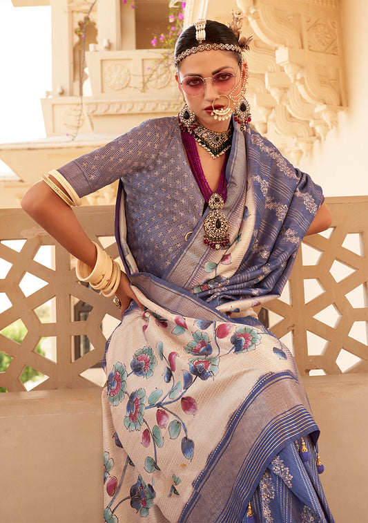 Blue Silk Foil Print Saree With Floral Pallu