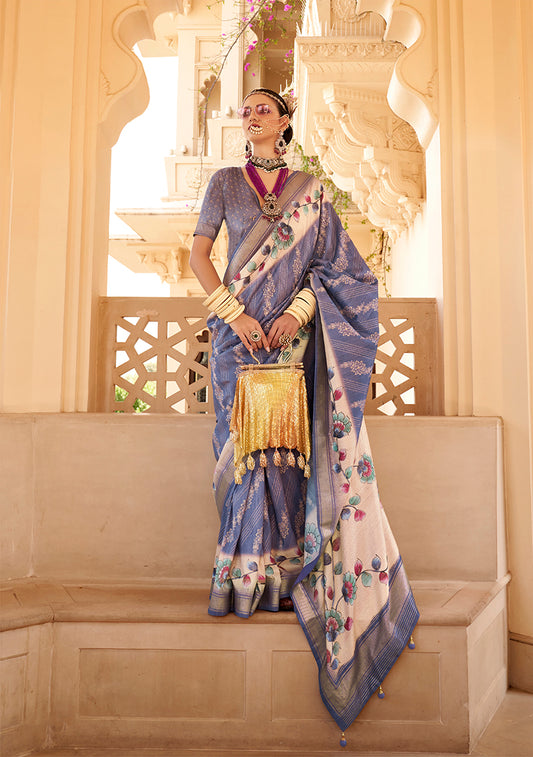Blue Silk Foil Print Saree With Floral Pallu