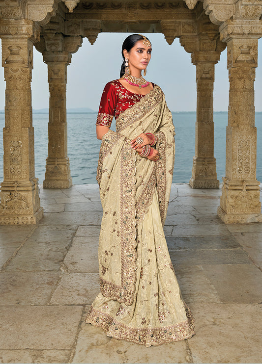 Cream Banarasi Silk Weaving Zari Work Saree