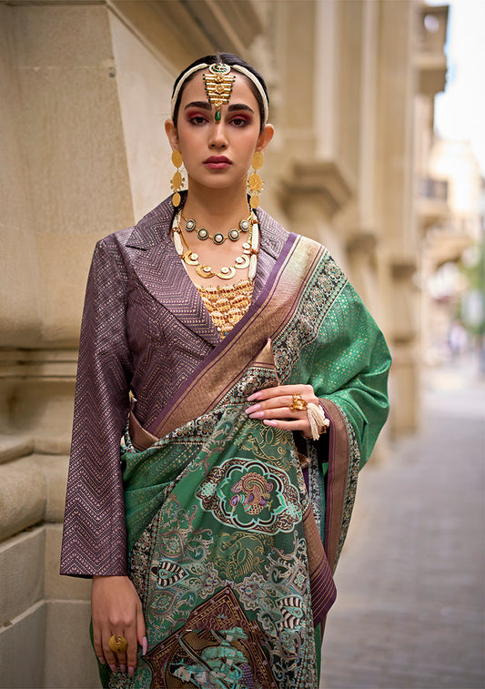 Green Viscose Silk Foil Print Traditional Saree