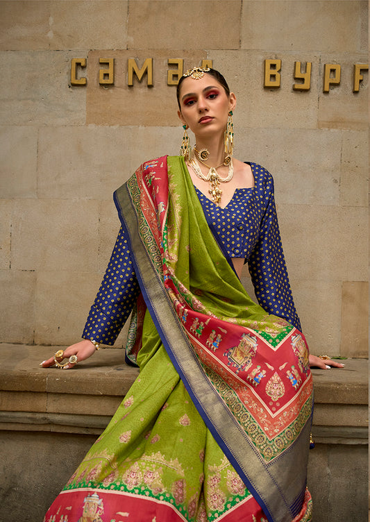 Parrot Green Viscose Silk Foil Print Traditional Saree