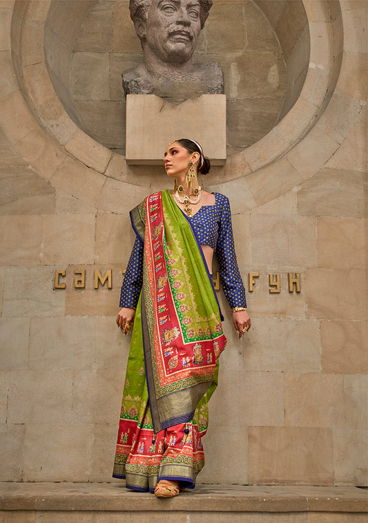 Parrot Green Viscose Silk Foil Print Traditional Saree