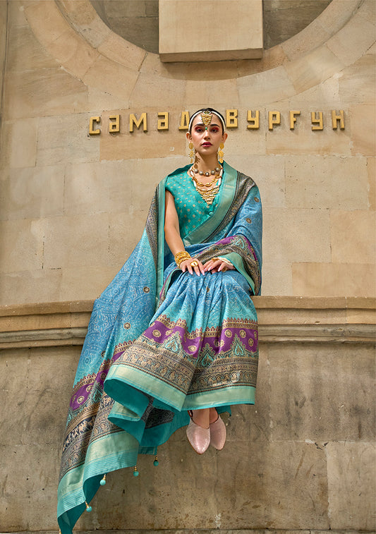 Sky Blue Viscose Silk Foil Print Traditional Saree