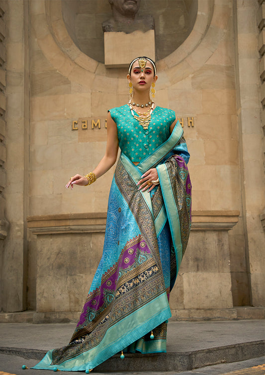 Sky Blue Viscose Silk Foil Print Traditional Saree
