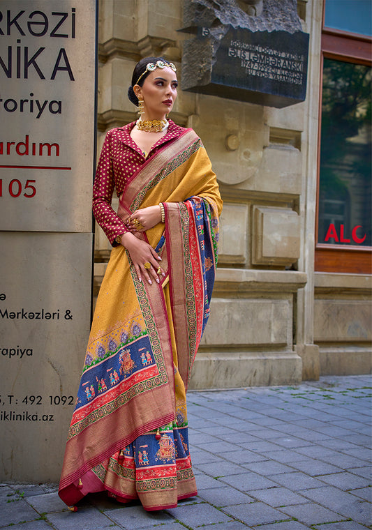Mustard Viscose Silk Foil Print Traditional Saree