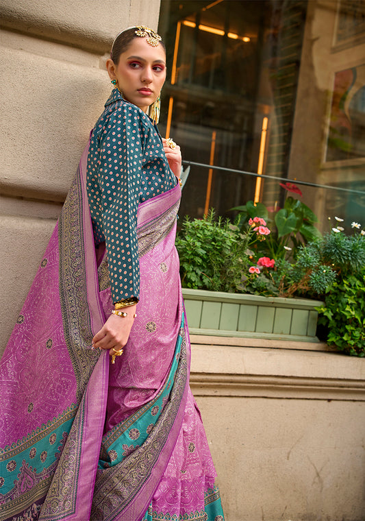 Pink Viscose Silk Foil Print Traditional Saree