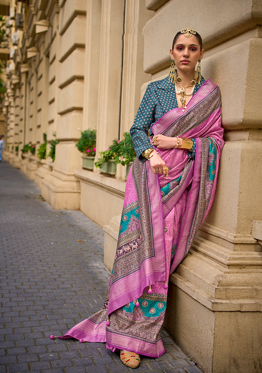 Pink Viscose Silk Foil Print Traditional Saree