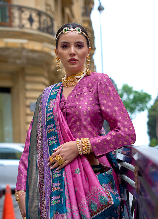 Pink Viscose Silk Foil Print Traditional Saree