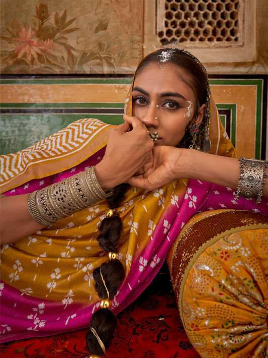 Mustard & Magenta Mercerized Sigma Silk Printed Saree