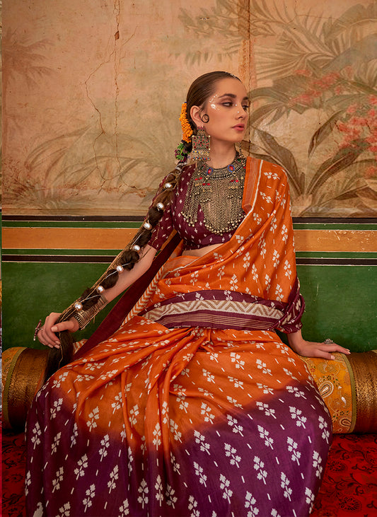 Orange & Wine Mercerized Sigma Silk Printed Saree