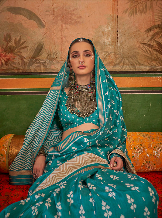 Aqua Blue Mercerized Sigma Silk Printed Saree