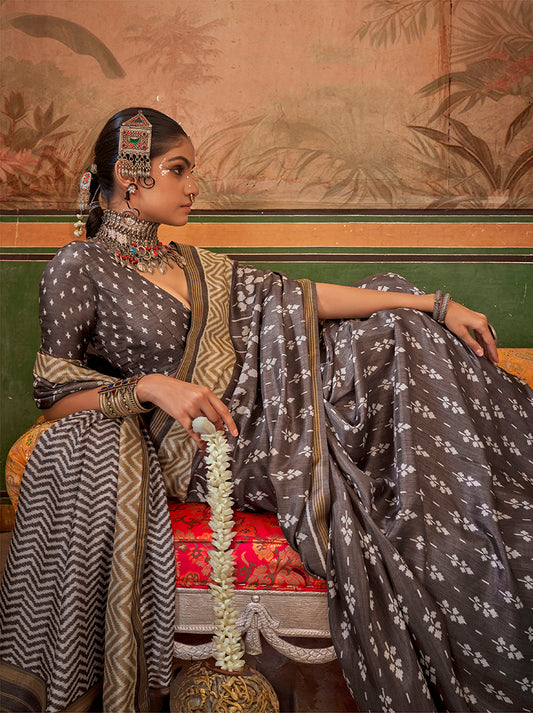 Grey Mercerized Sigma Silk Printed Saree