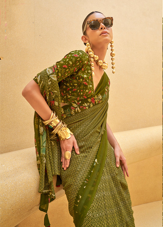 Olive Green Georgette Printed Saree