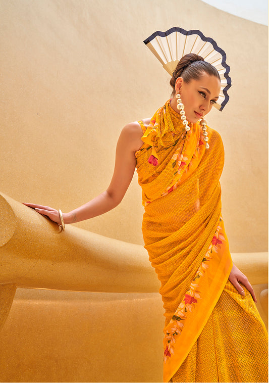 Yellow Georgette Printed Saree