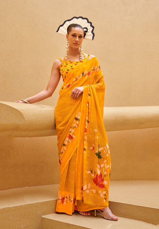 Yellow Georgette Printed Saree