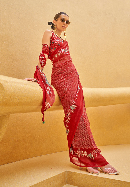 Red Georgette Printed Saree