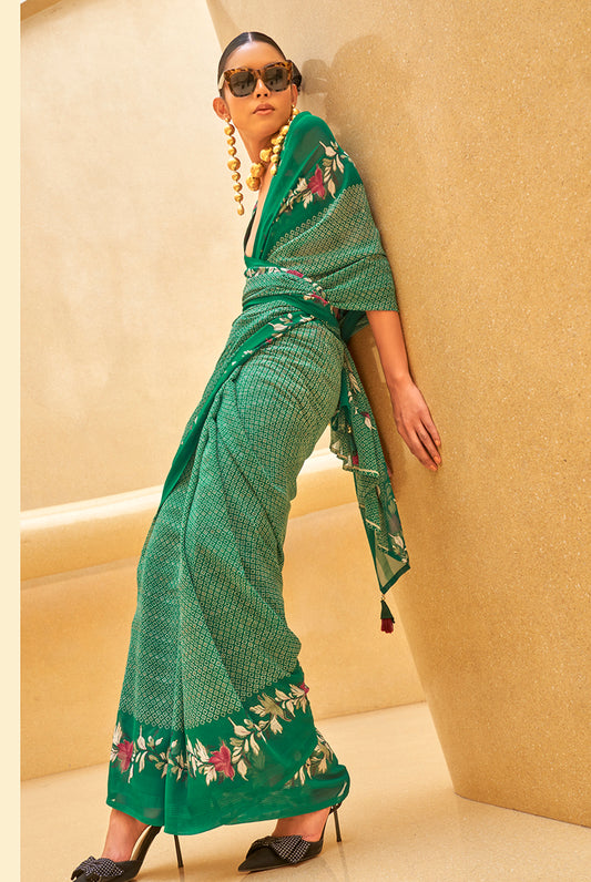 Green Georgette Printed Saree