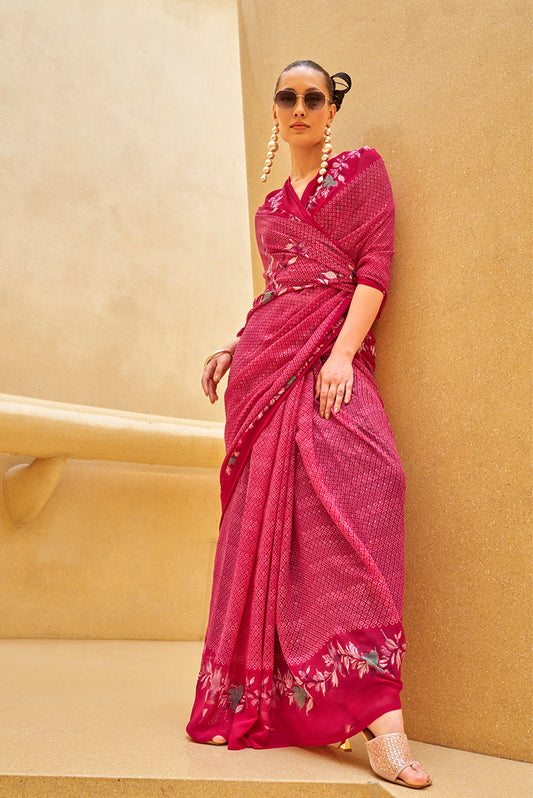 Rani Pink Georgette Printed Saree