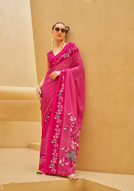 Rani Pink Georgette Printed Saree