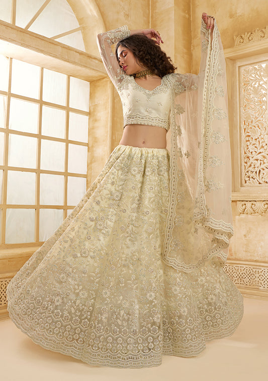 Cream Net Thread Embroidery Stone Work Lehenga Choli