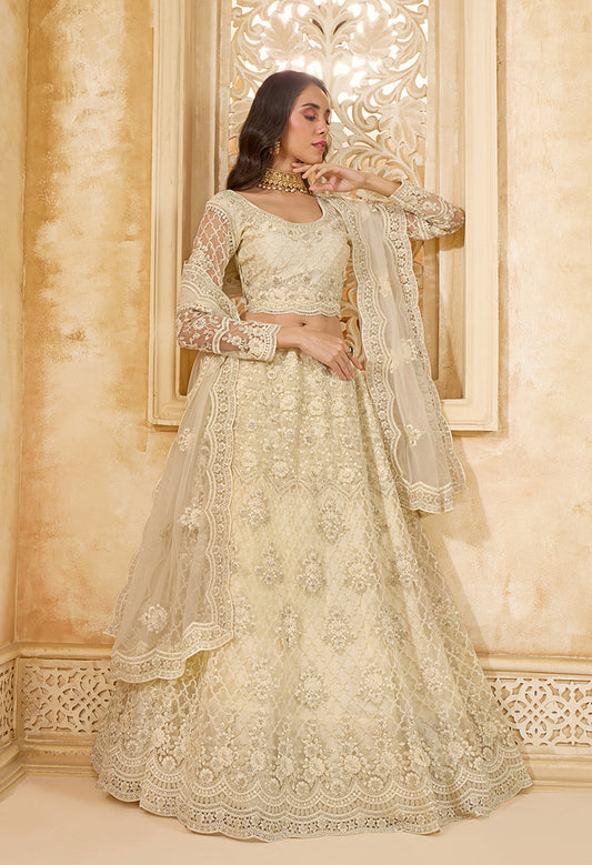 Cream Net Thread Embroidery Sangeet Designer Lehenga Choli
