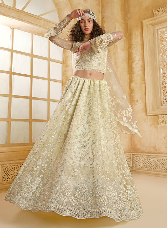 Cream Net Lehenga Choli With Embroidery Work For Festival