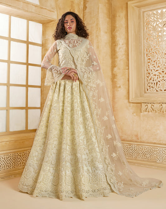 Cream Net Lehenga Choli With Embroidery Work For Festival