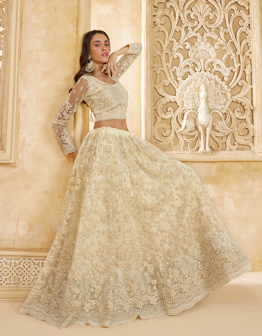 Cream Net Lehenga Choli With Embroidery Work For Festival