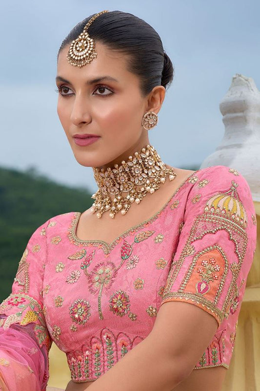Light Pink Heavy Silk With Khatli Embroidery Work Wedding Lehenga Choli