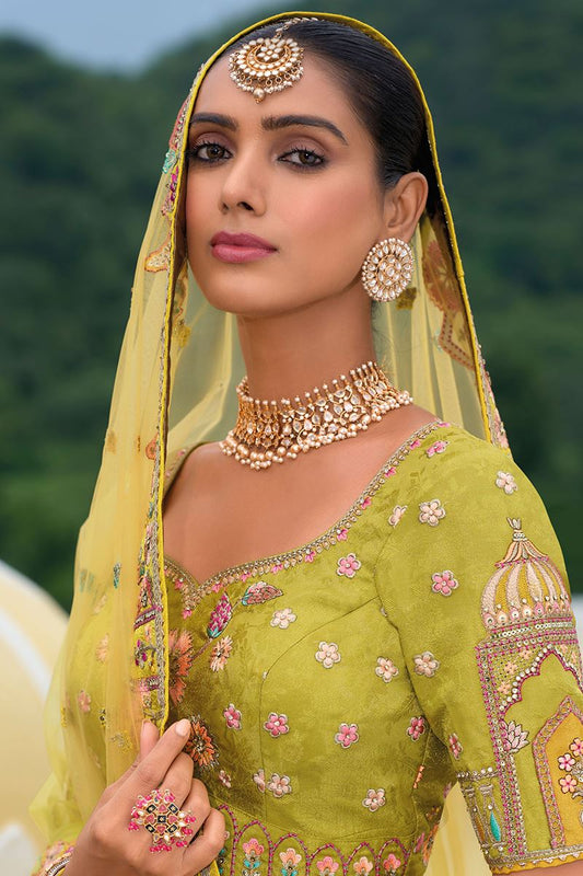 Lemon Green Heavy Silk With Khatli Embroidery Work Wedding Lehenga Choli