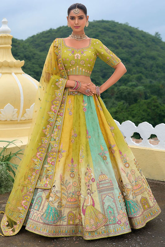 Lemon Green Heavy Silk With Khatli Embroidery Work Wedding Lehenga Choli