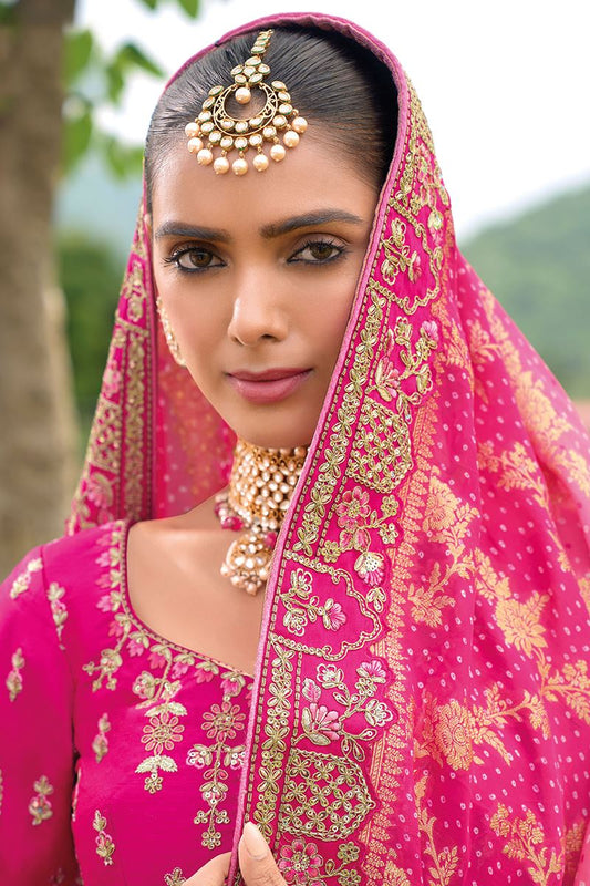 Bright Pink Heavy Silk With Khatli Embroidered Heavy Work Bridal Wear Lehenga Choli