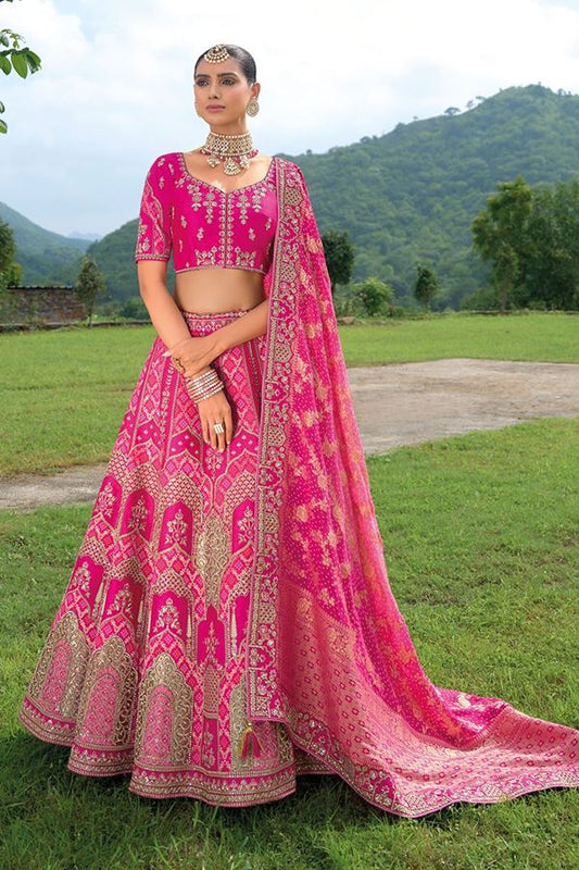 Bright Pink Heavy Silk With Khatli Embroidered Heavy Work Bridal Wear Lehenga Choli