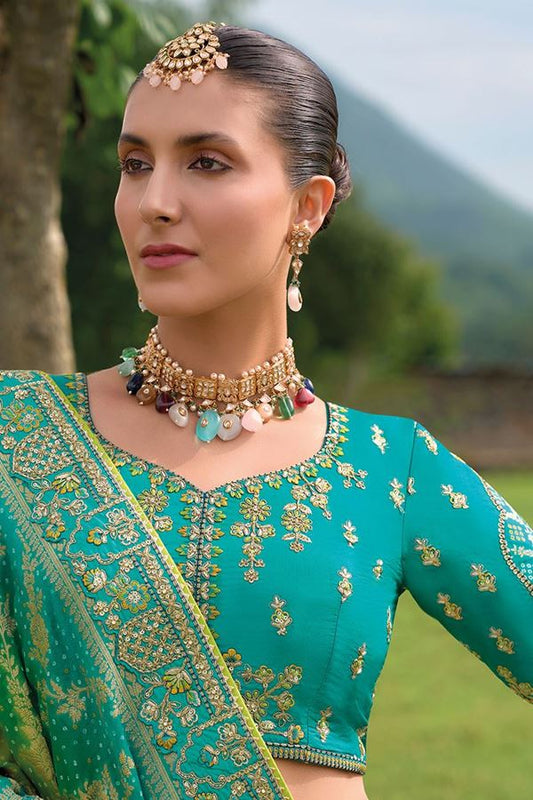 Turquoise Heavy Silk With Khatli Embroidered Heavy Work Bridal Wear Lehenga Choli