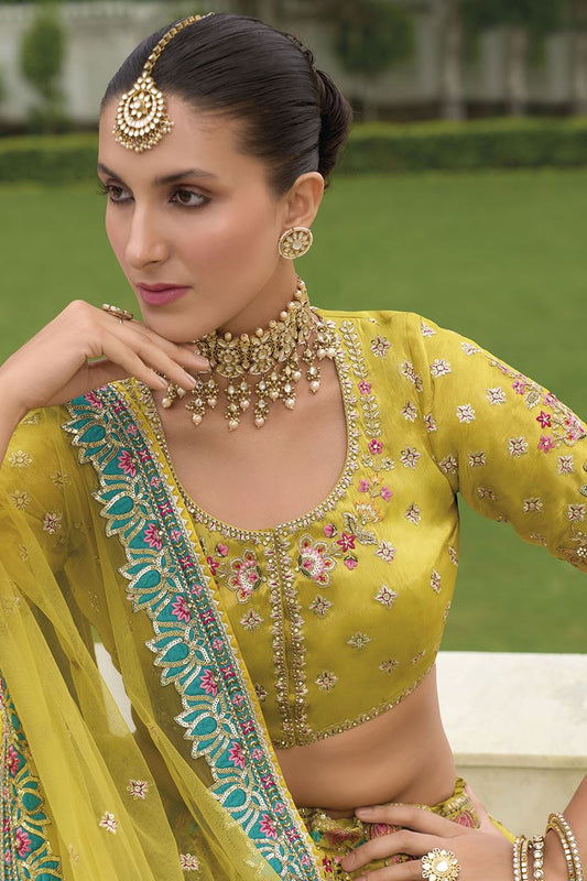 Lemon Green Heavy Silk With Khatli Embroidered Heavy Work Lehenga Choli