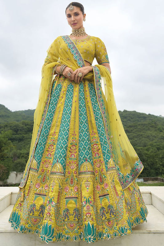 Lemon Green Heavy Silk With Khatli Embroidered Heavy Work Lehenga Choli